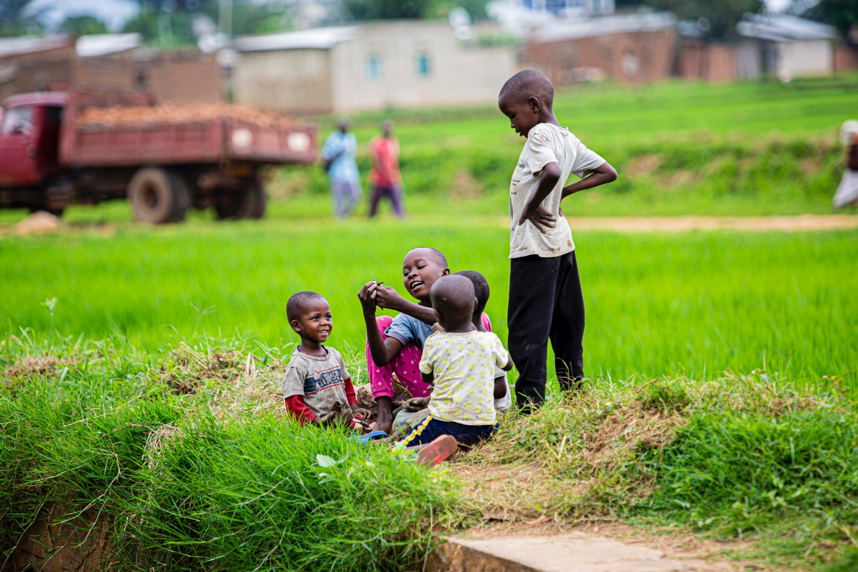 A group of children sitting in grass.